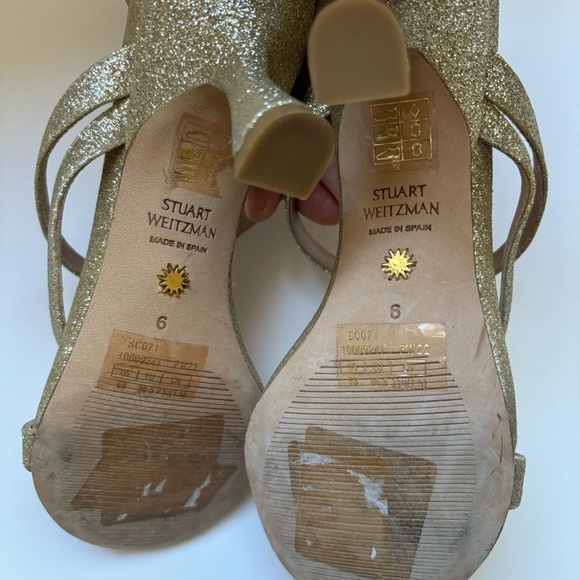 STUART WEITZMAN PATRON GLITTER GOLD STRAPPY SLIDE SANDAL CURVE HEEL Sz 6 - Picture 6 of 6